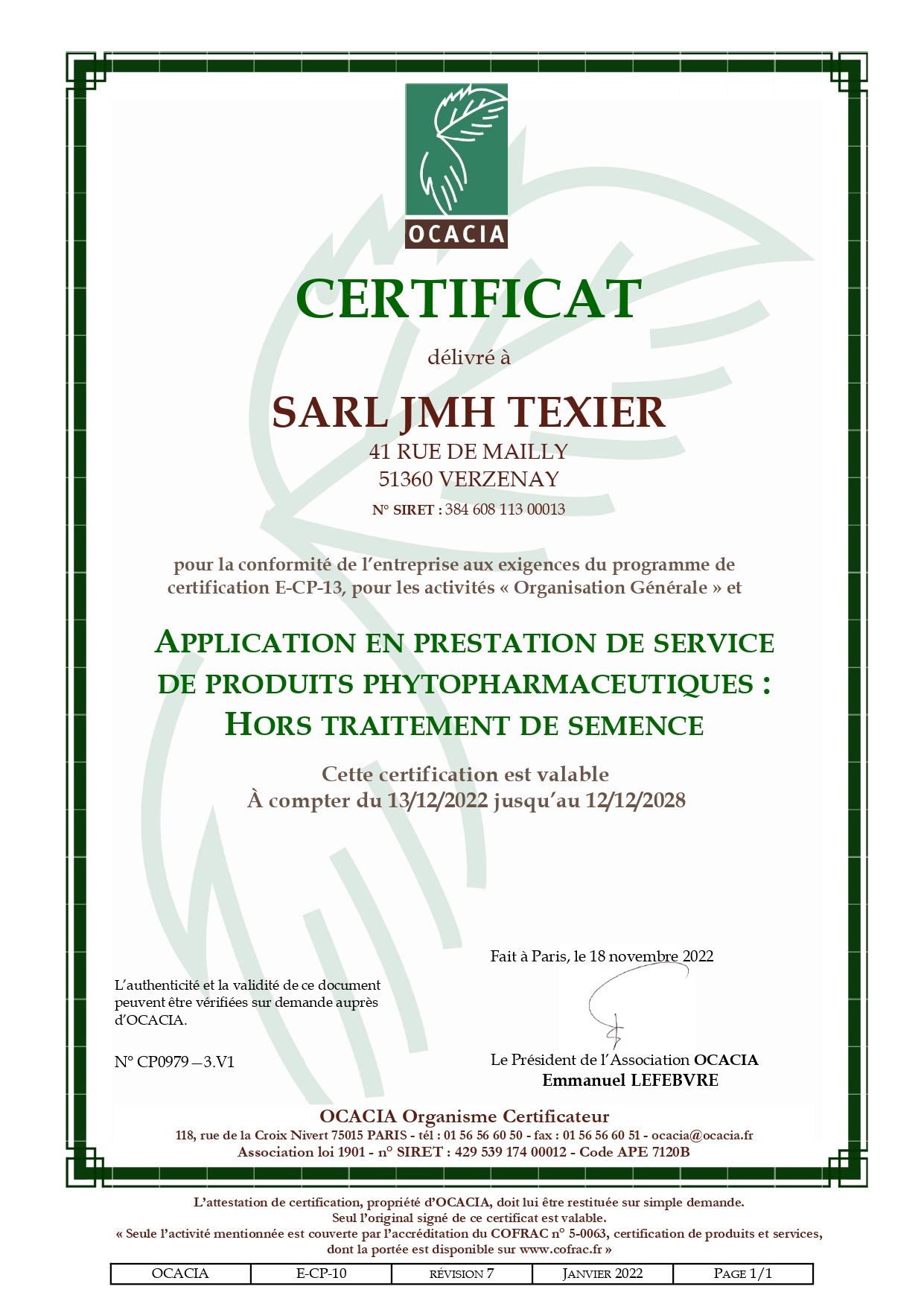 Certificat SARL JMH TEXIER CP0979 3.V1